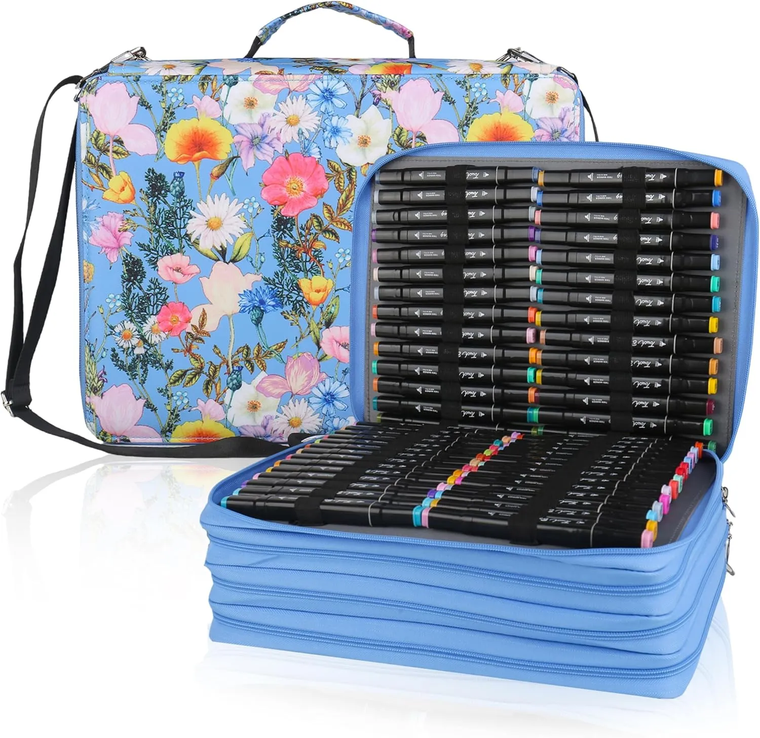 Blue Flower Marker Case, 224 Slots Alcohol Marker Case Markers Carrying Bag Holder for Art Sketch Marker, Permanent Paint Marker, Dry Erase Marker, Repair Pen, Color Highlighte Art Supplies