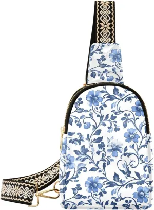 Blue Flower Stylish PU Leather Waist Pack Soft Waterproof Crossbody Bag with Metal Hardware Fits Keys Phone Passport for Work Walks Music Fests & Trips