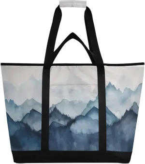 Blue Gray Mountain Reusable Insulated Lunchbox Cooler Bag, Leakproof Kitchen Grocery Bag Collapsible Portable Cooler Tote Bag for Picnic, Camping, Office, Travel