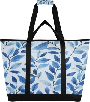 Blue Leaves Reusable Insulated Lunchbox Cooler Bag, Leakproof Kitchen Grocery Bag Collapsible Portable Cooler Tote Bag for Picnic, Camping, Office, Travel