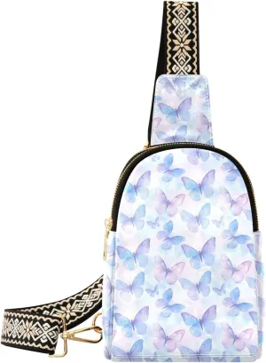 Blue Pink Butterfly Stylish PU Leather Waist Pack Soft Waterproof Crossbody Bag with Metal Hardware Fits Keys Phone Passport for Work Walks Music Fests & Trips