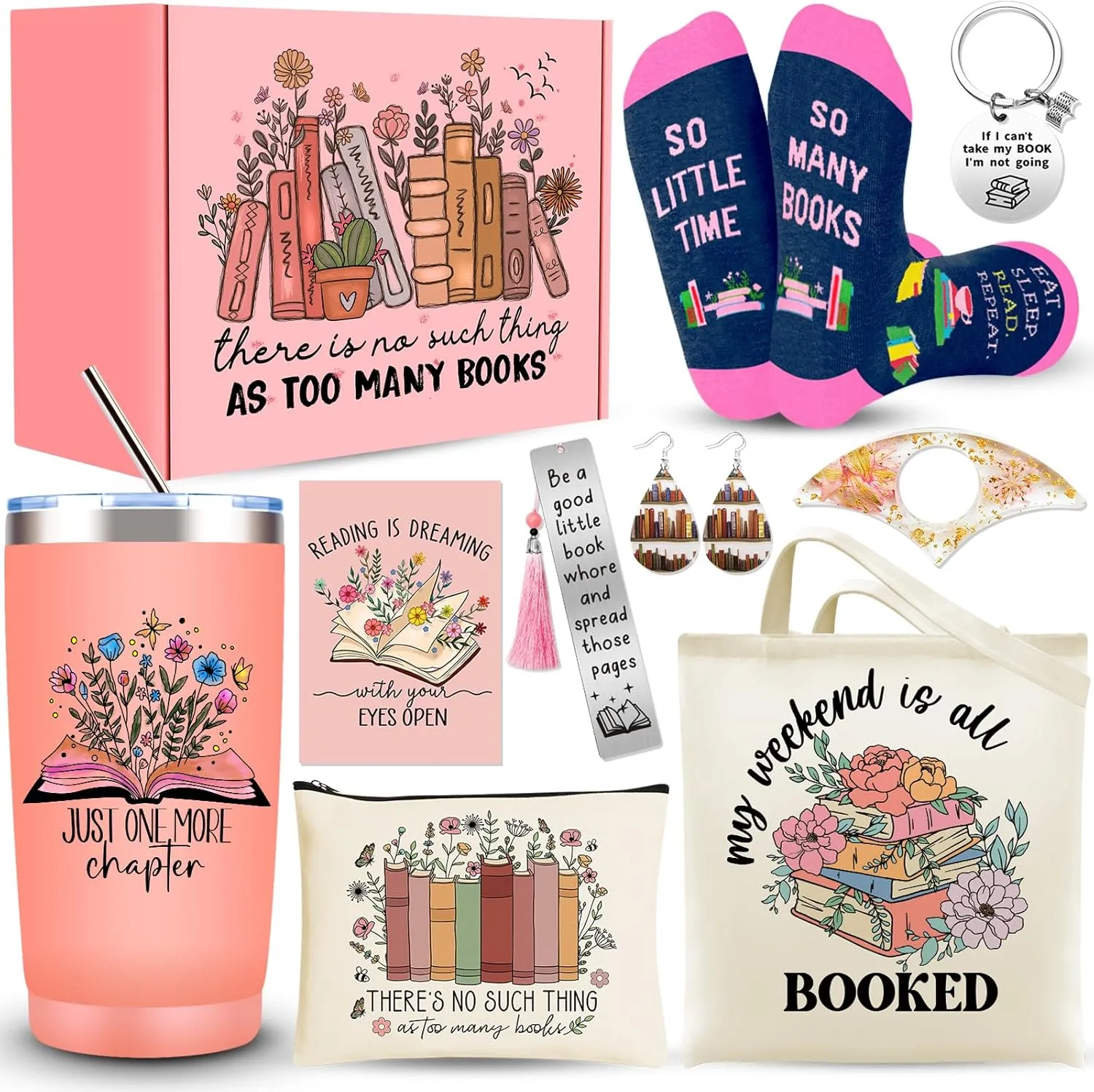 Book Lover Gifts for Women, Book Accessories Bookish Gifts with 20 Oz Tumbler Socks Tote Bag Makeup Bag Book Page Holder Bookmark Keychain Earrings, Book Club Gifts for Readers, Librarians, Bookworms