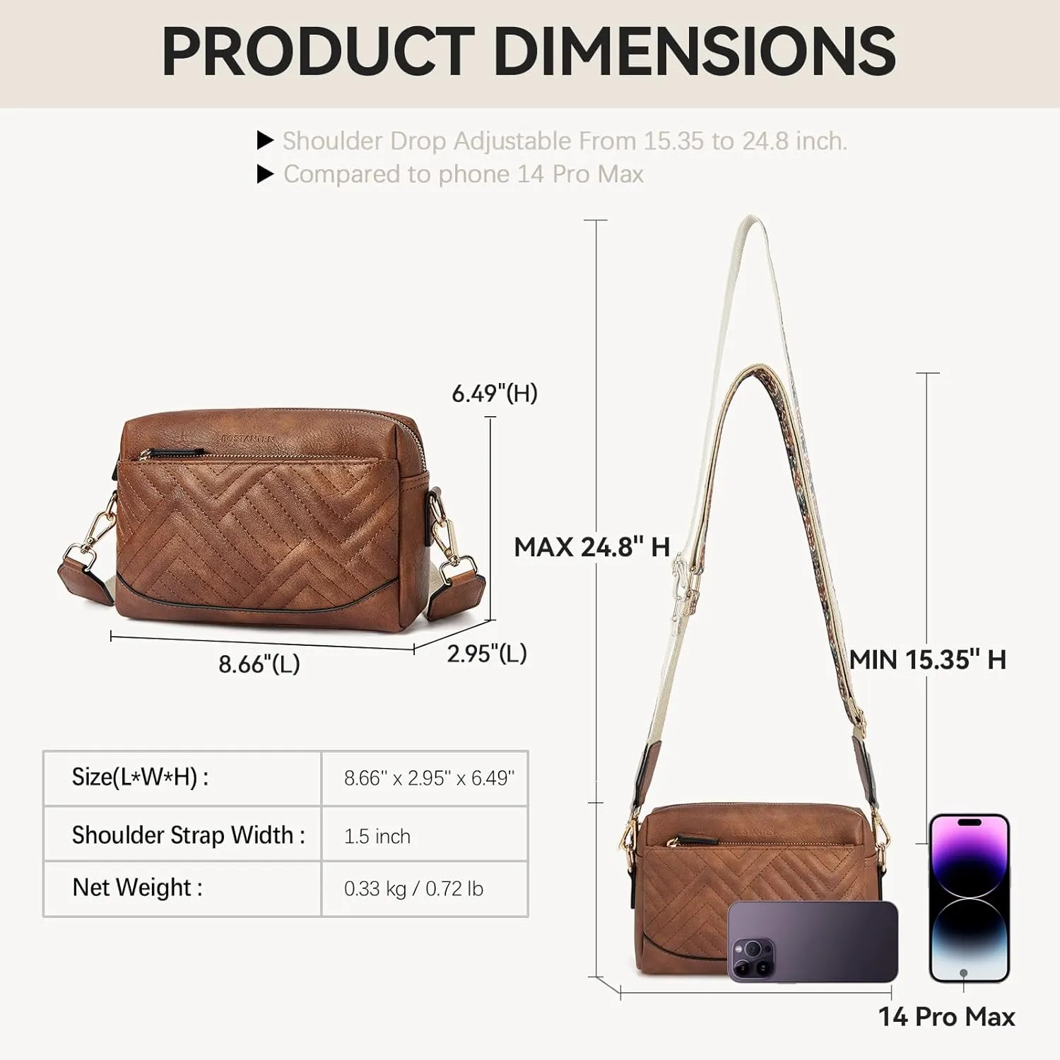 BOSTANTEN Crossbody Bags for Women Vegan Leather Purses Quilted Shoulder Handbags with Adjustable Shoulder Strap