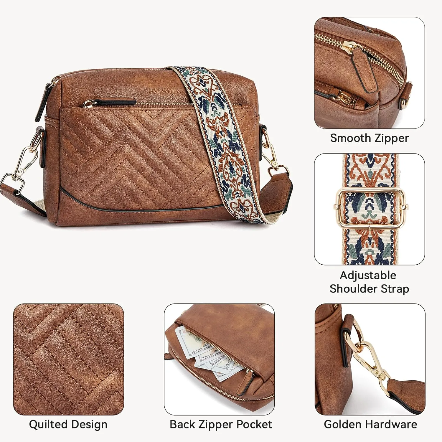 BOSTANTEN Crossbody Bags for Women Vegan Leather Purses Quilted Shoulder Handbags with Adjustable Shoulder Strap