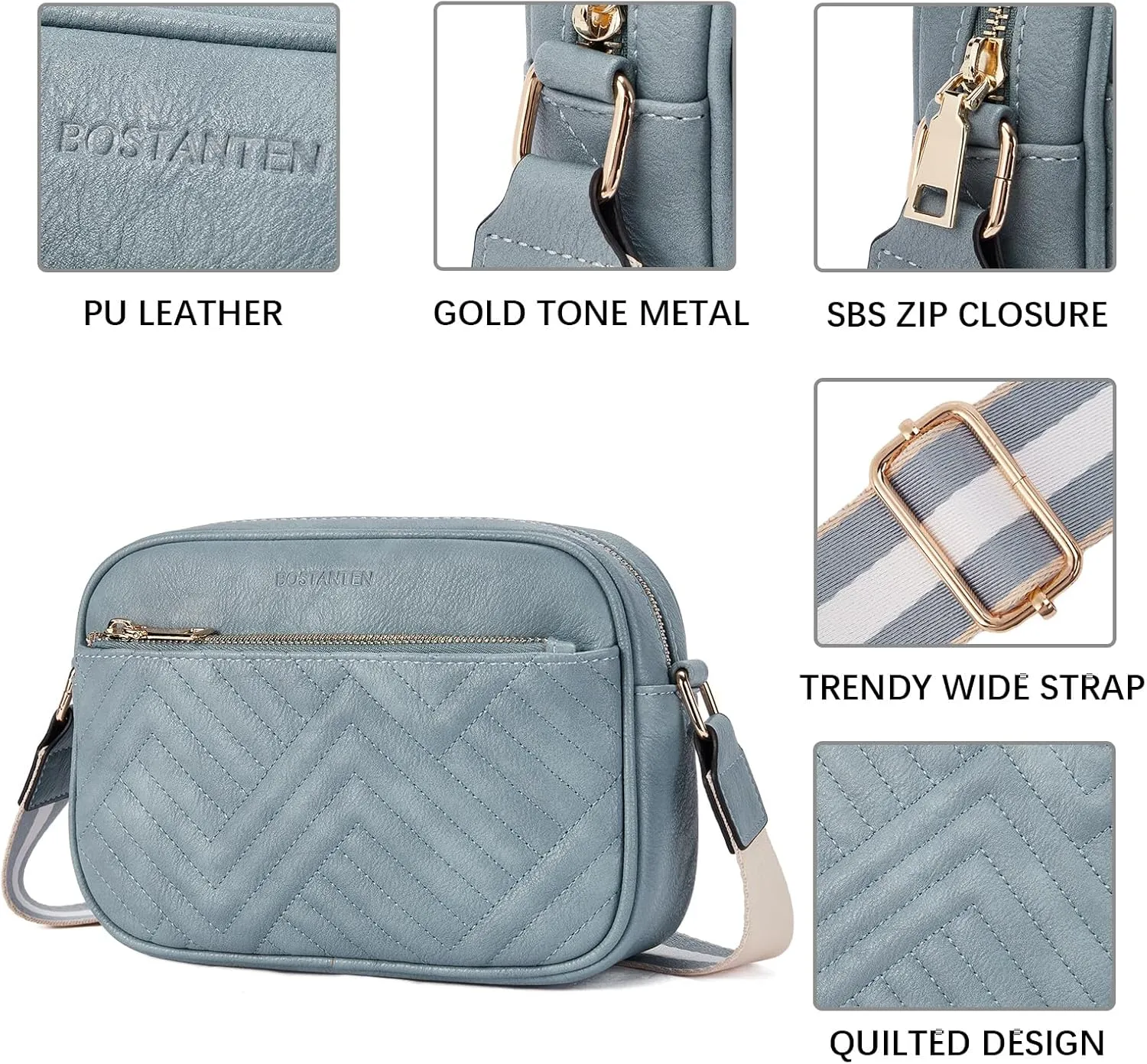 BOSTANTEN Quilted Crossbody Bags for Women Vegan Leather Purses Small Shoulder Handbags with Wide Strap
