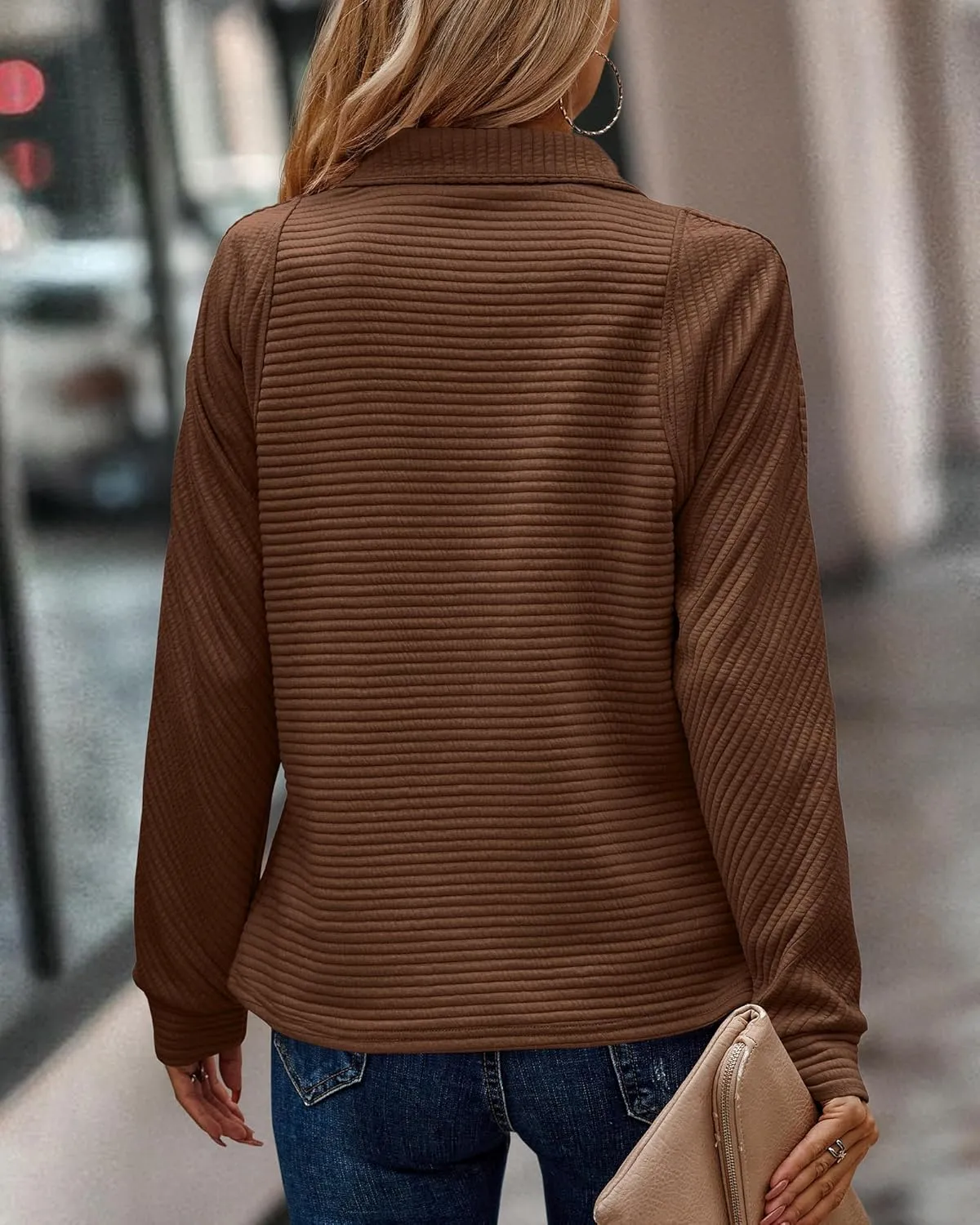 BTFBM Womens 2024 Fall Fashion Quarter Zip Sweatshirts Half Zip Casual Long Sleeve Solid Color V Neck Pullover Tops