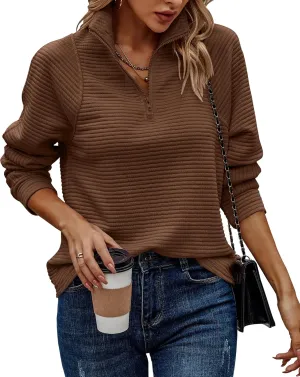 BTFBM Womens 2024 Fall Fashion Quarter Zip Sweatshirts Half Zip Casual Long Sleeve Solid Color V Neck Pullover Tops