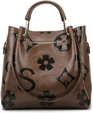 Bucket Bags for Women Floral Embossed Tote Bag Women's Top-handle Handbags Trendy Vintage Vegan Leather Shoulder Bag
