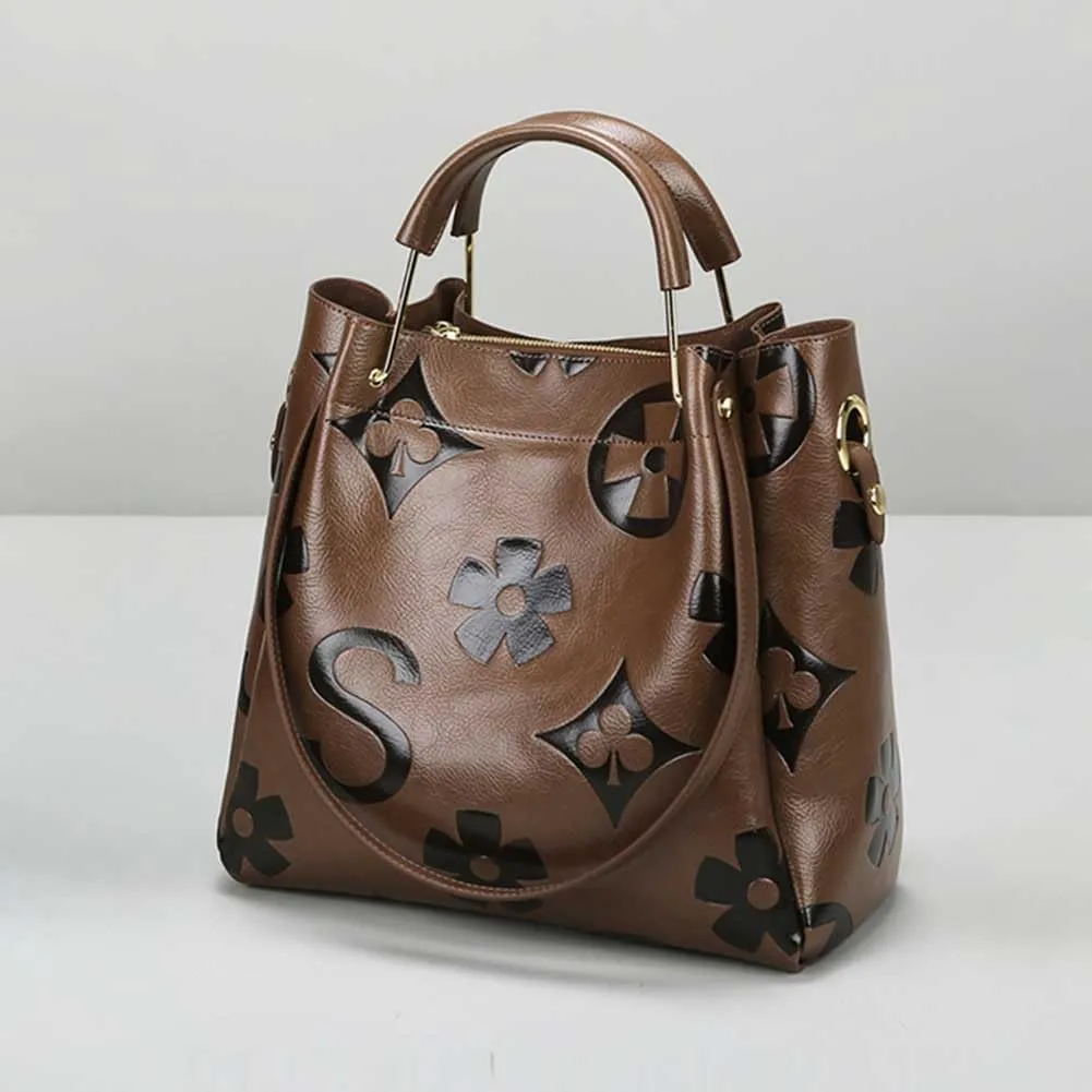 Bucket Bags for Women Floral Embossed Tote Bag Women's Top-handle Handbags Trendy Vintage Vegan Leather Shoulder Bag