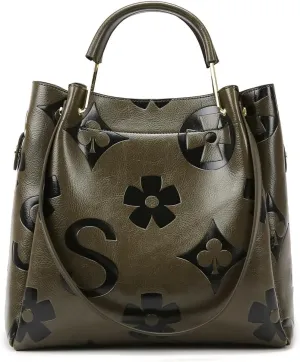 Bucket Bags for Women Floral Embossed Tote Bag Women's Top-handle Handbags Trendy Vintage Vegan Leather Shoulder Bag
