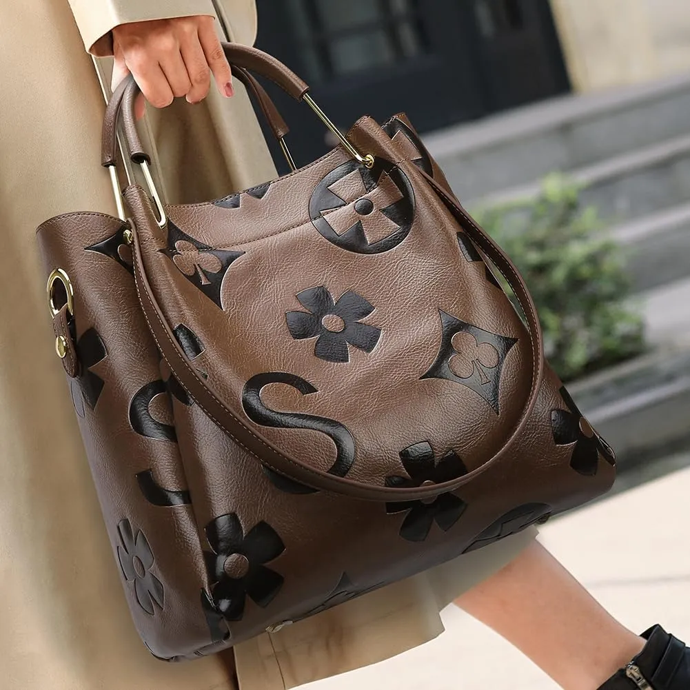Bucket Bags for Women Floral Embossed Tote Bag Women's Top-handle Handbags Trendy Vintage Vegan Leather Shoulder Bag