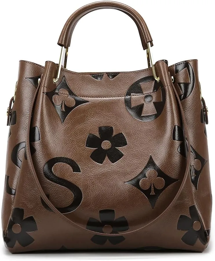 Bucket Bags for Women Floral Embossed Tote Bag Women's Top-handle Handbags Trendy Vintage Vegan Leather Shoulder Bag
