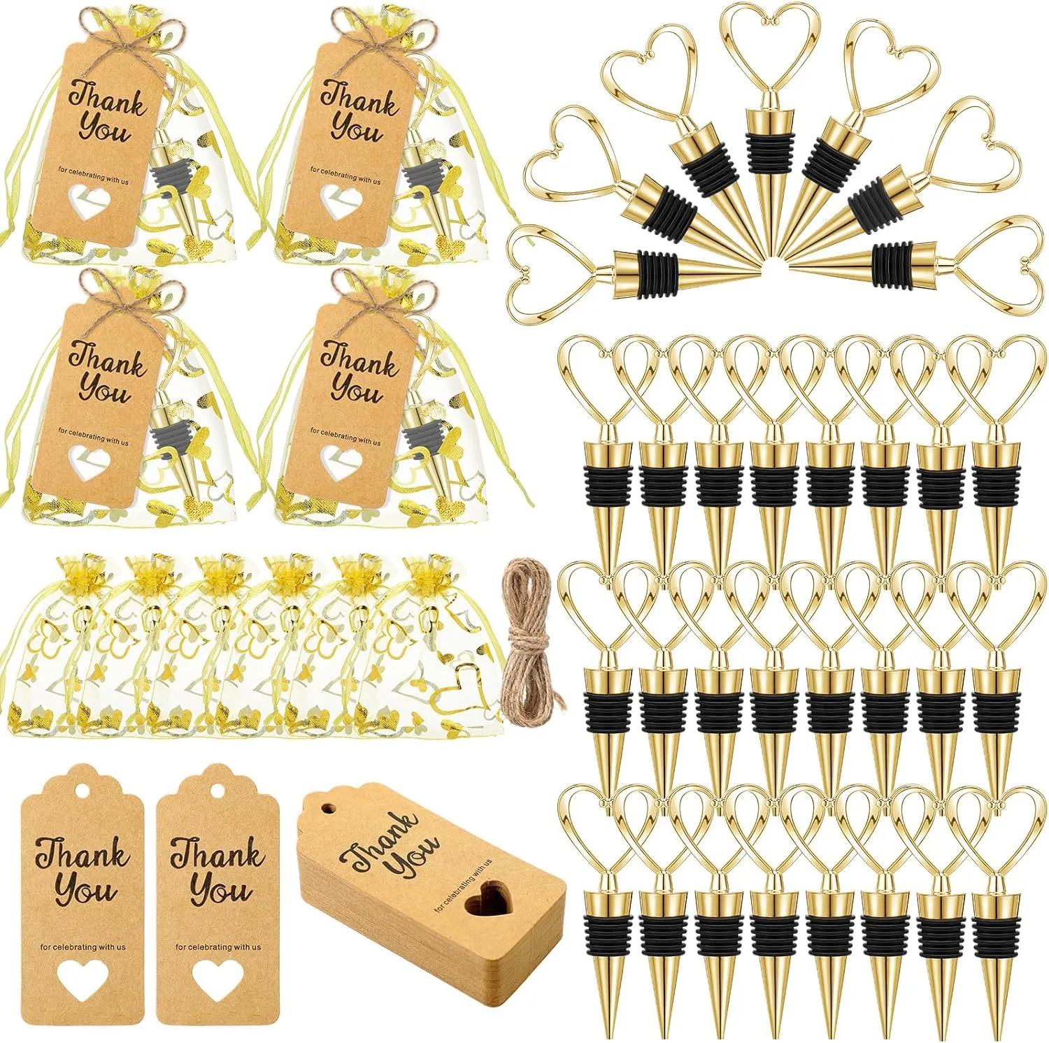 Buryeah 60 Set Heart Shaped Wine Stoppers Bulk Wedding Party Favors Love Design Beverage Bottle Stoppers with Sheer Bags, Labels, Ropes for Engagement Bridal Shower Gifts(Gold)