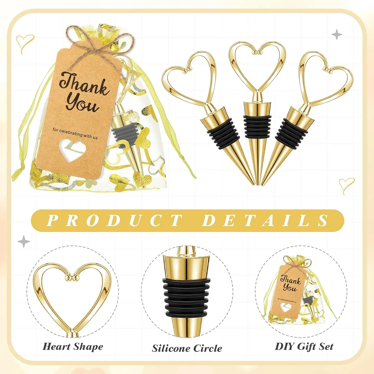 Buryeah 60 Set Heart Shaped Wine Stoppers Bulk Wedding Party Favors Love Design Beverage Bottle Stoppers with Sheer Bags, Labels, Ropes for Engagement Bridal Shower Gifts(Gold)