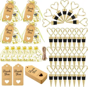 Buryeah 60 Set Heart Shaped Wine Stoppers Bulk Wedding Party Favors Love Design Beverage Bottle Stoppers with Sheer Bags, Labels, Ropes for Engagement Bridal Shower Gifts(Gold)
