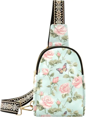 Butterfly Rose Compact Fashion Daypack Full-Print PU Leather Crossbody Bag with Card Pocket & Adjustable Strap for Women on the Go Festivals Travel & Hikes