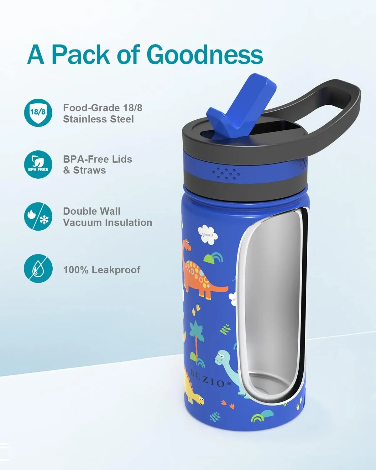 BUZIO Kids Water Bottle with 2 Tritan Straw Lids and a Carrying Pouch, 14oz Insulated Stainless Steel Toddler Tumbler, Leak Proof Cute Metal Water Bottle Boys Girls for shcool, Blue