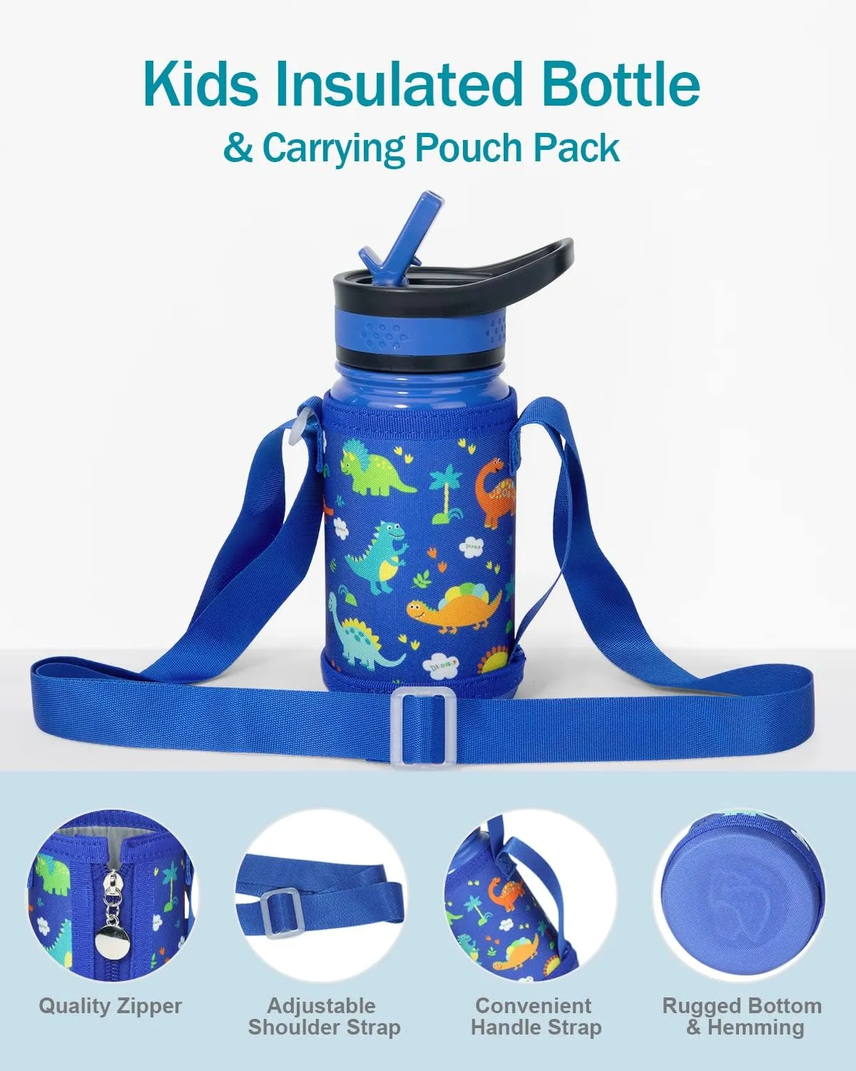 BUZIO Kids Water Bottle with 2 Tritan Straw Lids and a Carrying Pouch, 14oz Insulated Stainless Steel Toddler Tumbler, Leak Proof Cute Metal Water Bottle Boys Girls for shcool, Blue