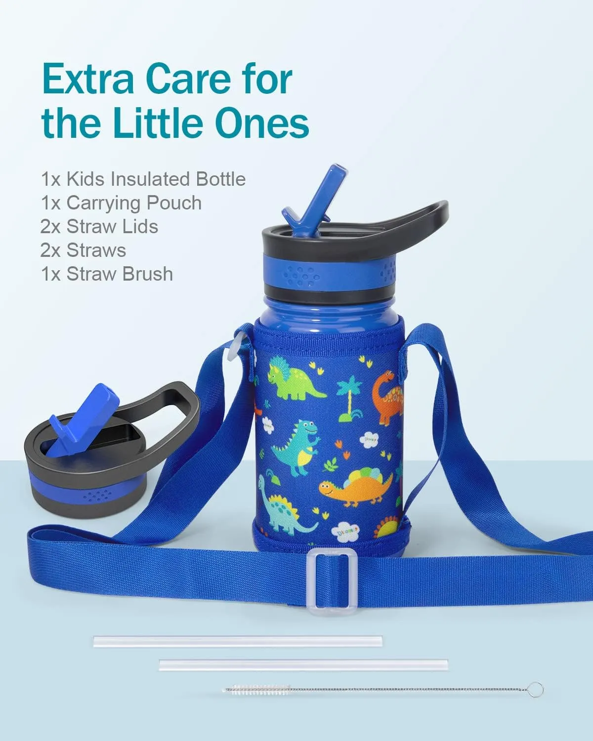 BUZIO Kids Water Bottle with 2 Tritan Straw Lids and a Carrying Pouch, 14oz Insulated Stainless Steel Toddler Tumbler, Leak Proof Cute Metal Water Bottle Boys Girls for shcool, Blue