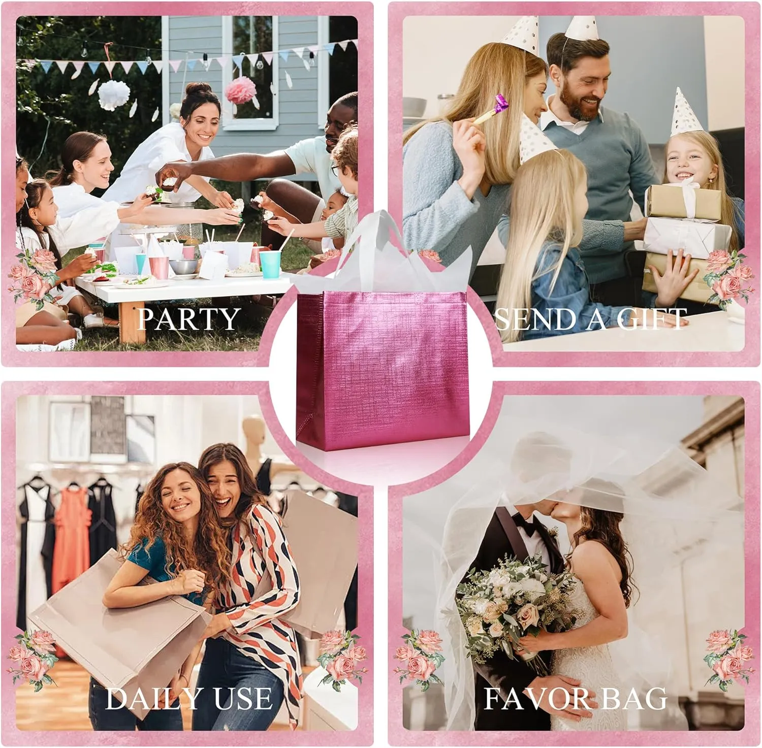 cabzymx Pink Reusable Gift Bags with Metallic Design, 25 Pcs Non-woven Gift Bag Bulk with Handles, Glossy Party Bags for Wrapping Gifts, Birthday, Wedding, Parties, Graduation-12.6x4.7x11 In