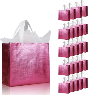 cabzymx Pink Reusable Gift Bags with Metallic Design, 25 Pcs Non-woven Gift Bag Bulk with Handles, Glossy Party Bags for Wrapping Gifts, Birthday, Wedding, Parties, Graduation-12.6x4.7x11 In