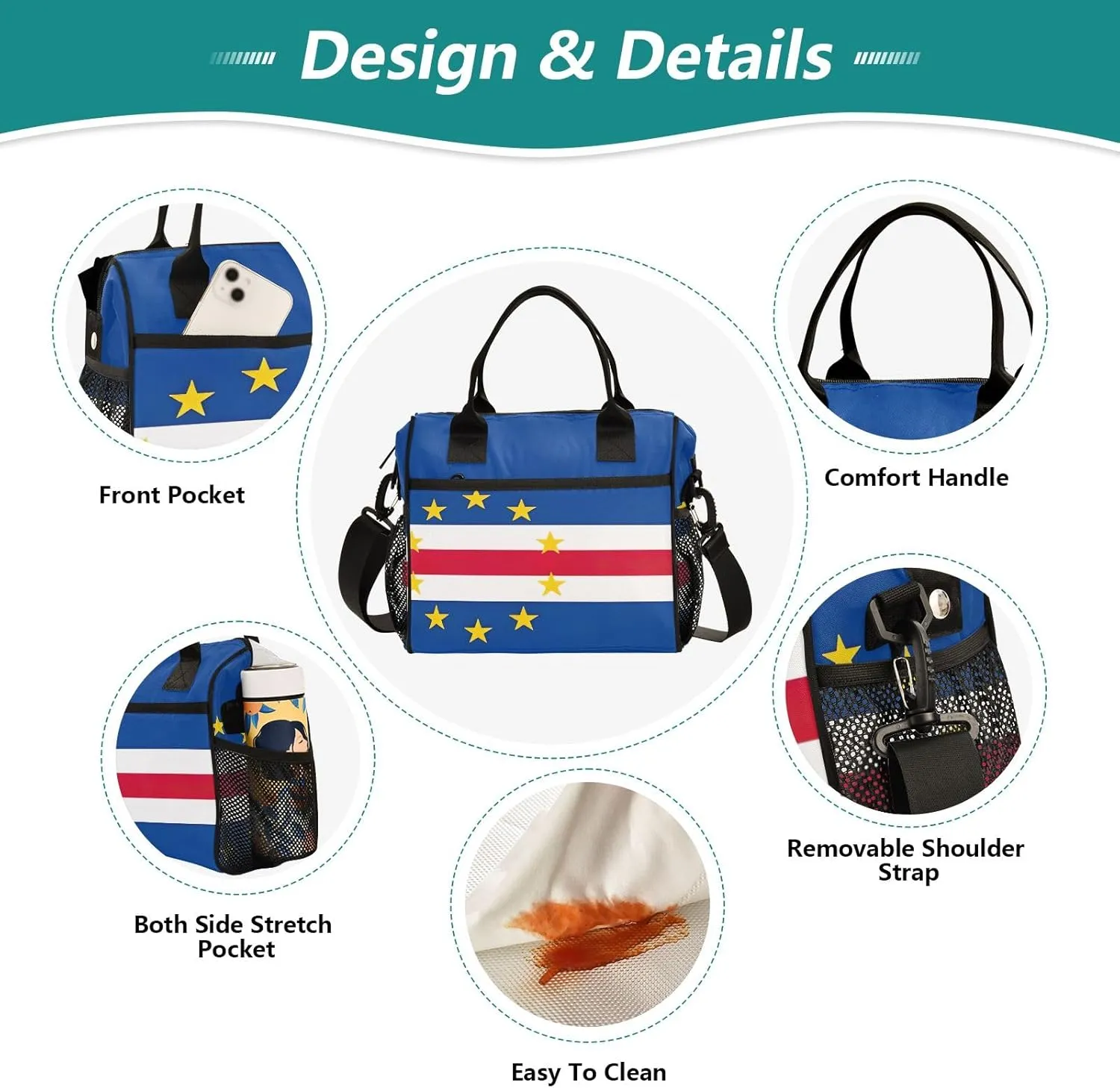 Cape Verde Flag Lunch Box Bag with Adjustable Shoulder Strap, Office Lunch Bag for Women Insulated Lunch Bag Small Lunch Bag