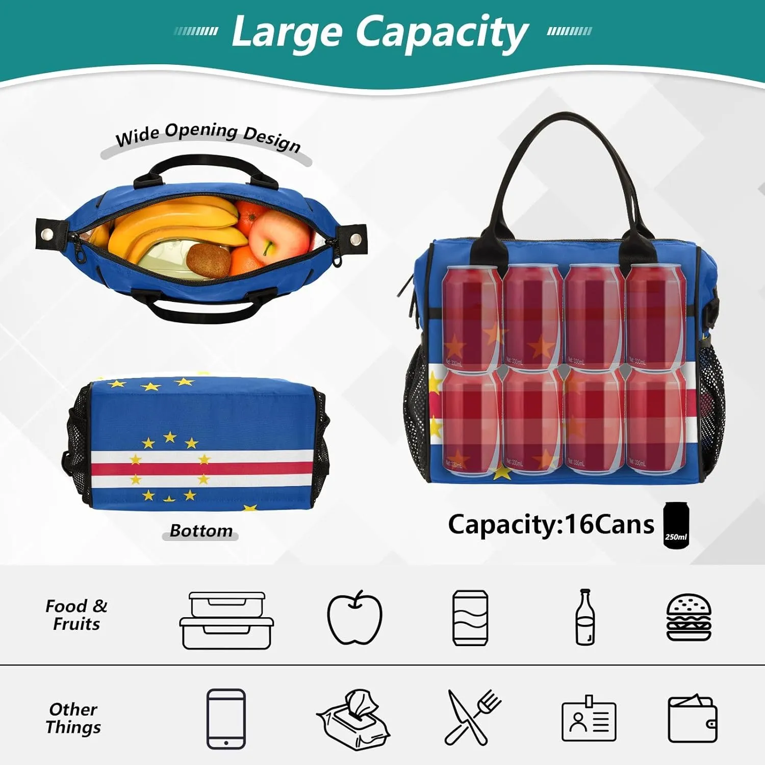 Cape Verde Flag Lunch Box Bag with Adjustable Shoulder Strap, Office Lunch Bag for Women Insulated Lunch Bag Small Lunch Bag