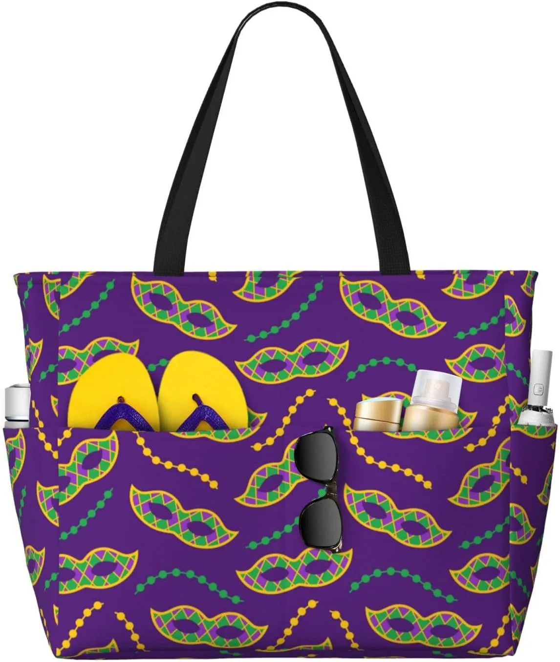Carnival Masks and Beads Large Beach Tote Bag for Women Extra Large Capacity Waterproof Sandproof Pool Bag Suitable for Gym Swimming Pool Travel Groceries
