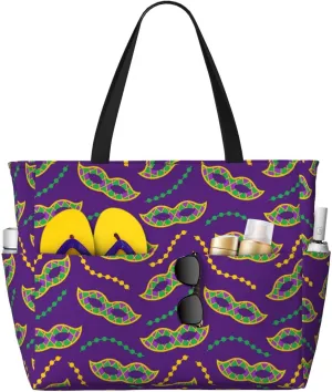 Carnival Masks and Beads Large Beach Tote Bag for Women Extra Large Capacity Waterproof Sandproof Pool Bag Suitable for Gym Swimming Pool Travel Groceries
