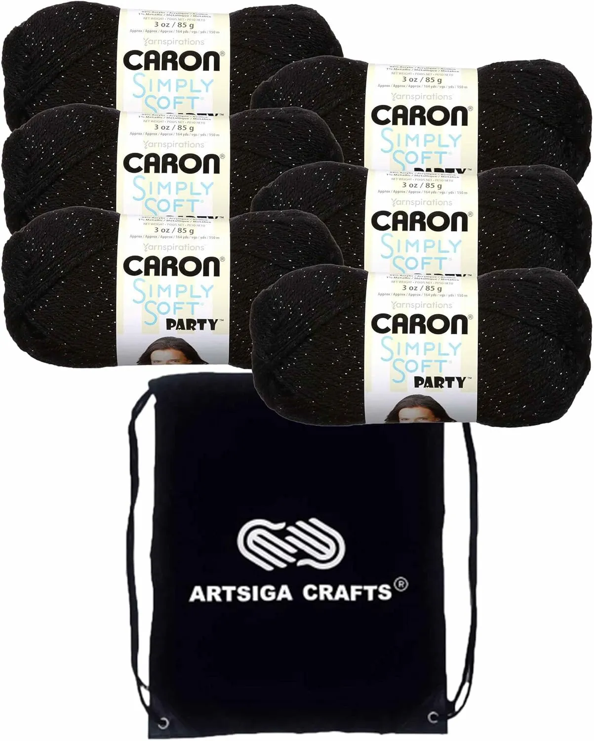 Caron Simply Soft Party Black Sparkle H97PAR-7 (6-Skeins - Same Dye Lot) Worsted Medium #4 Acrylic Yarn for Crocheting and Knitting with Project Bag