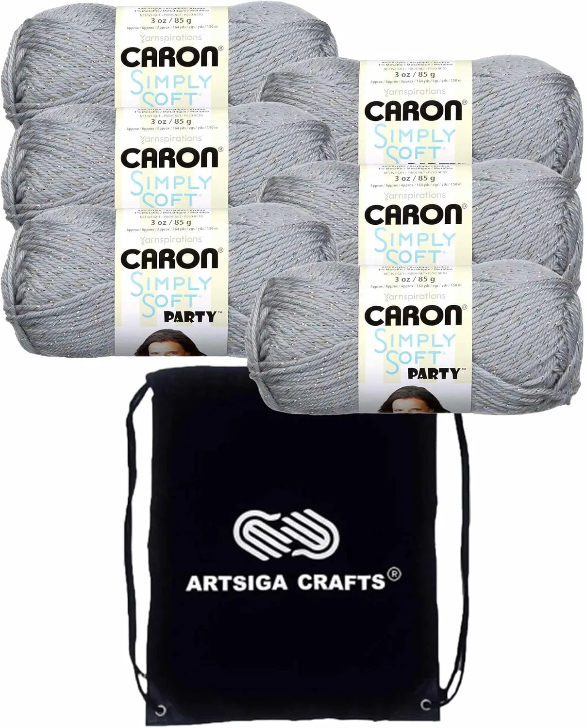 Caron Simply Soft Party Silver Sparkle H97PAR-8 (6-Skeins - Same Dye Lot) Worsted Medium #4 Acrylic Yarn for Crocheting and Knitting with Project Bag