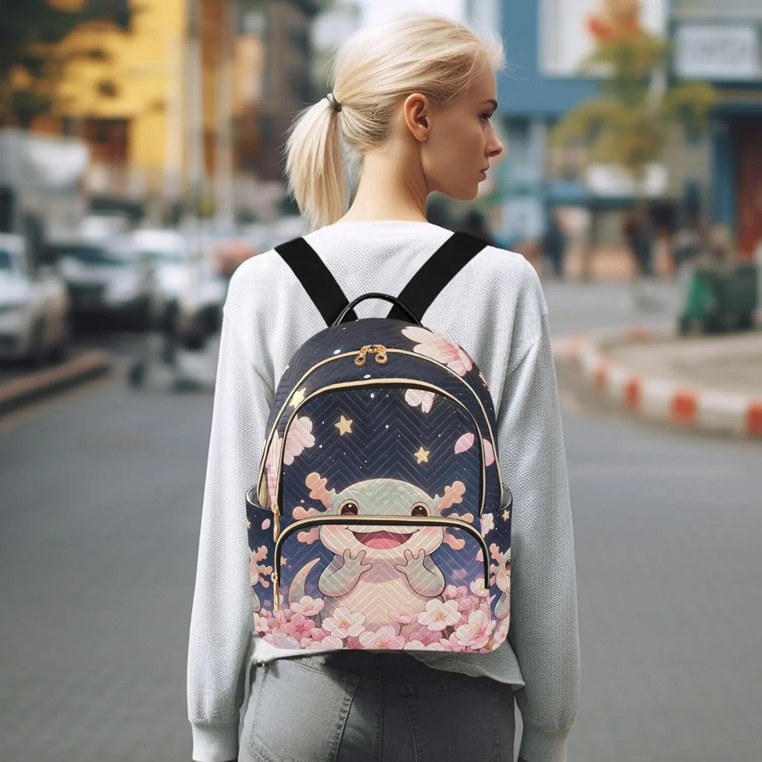 Cartoon Axolotl Cherry Blossom Mini Backpack Purse for Women Shoulder Bag Fashion Daypack Ladies Handbag Lightweight Travel Bag Rucksack