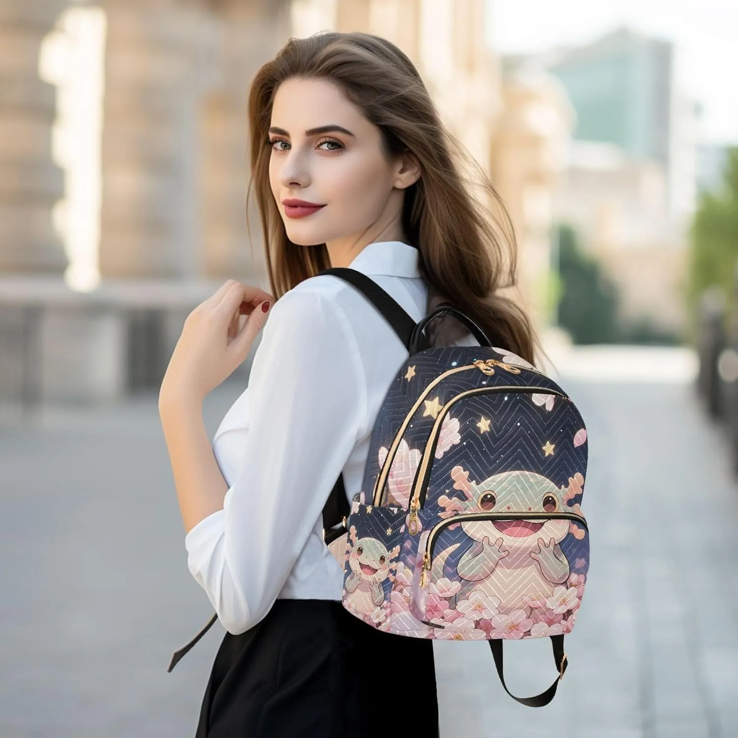 Cartoon Axolotl Cherry Blossom Mini Backpack Purse for Women Shoulder Bag Fashion Daypack Ladies Handbag Lightweight Travel Bag Rucksack