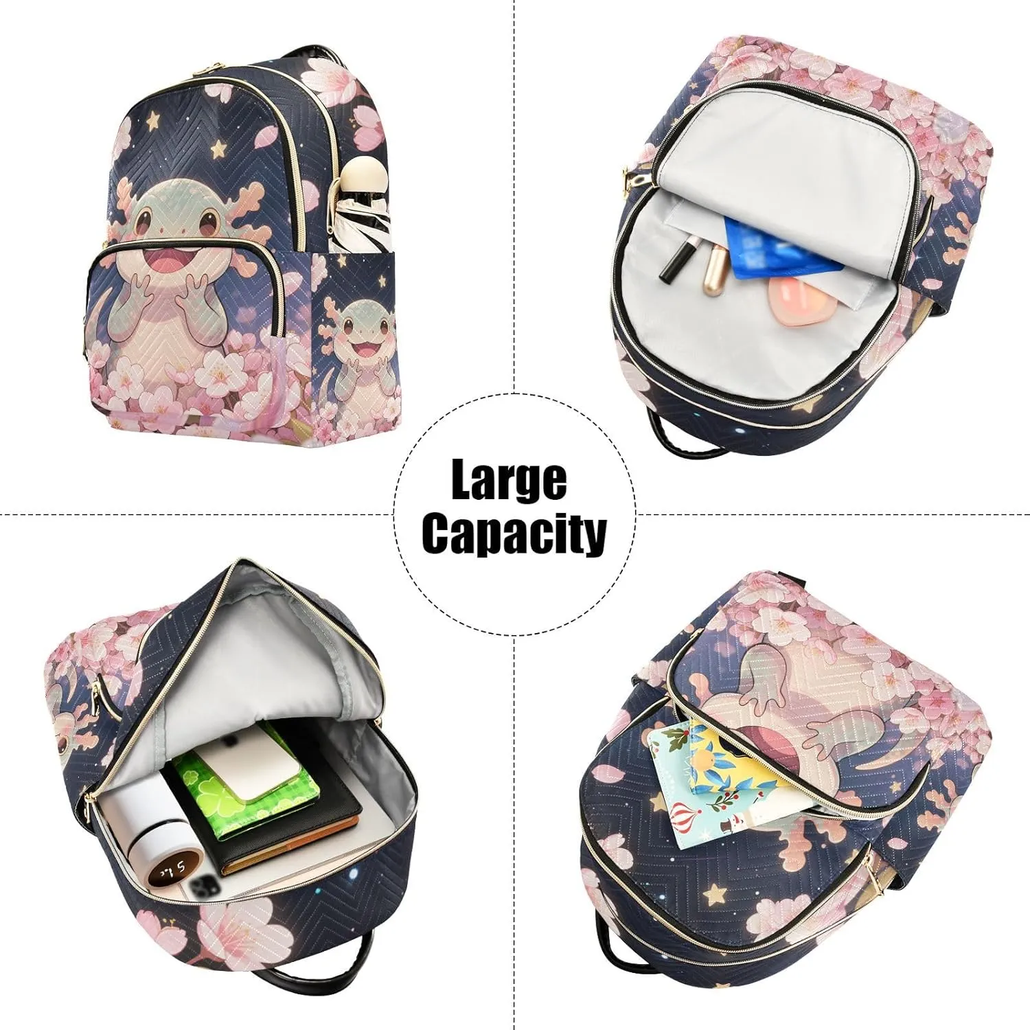 Cartoon Axolotl Cherry Blossom Mini Backpack Purse for Women Shoulder Bag Fashion Daypack Ladies Handbag Lightweight Travel Bag Rucksack