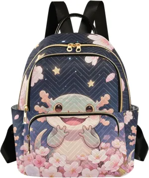 Cartoon Axolotl Cherry Blossom Mini Backpack Purse for Women Shoulder Bag Fashion Daypack Ladies Handbag Lightweight Travel Bag Rucksack