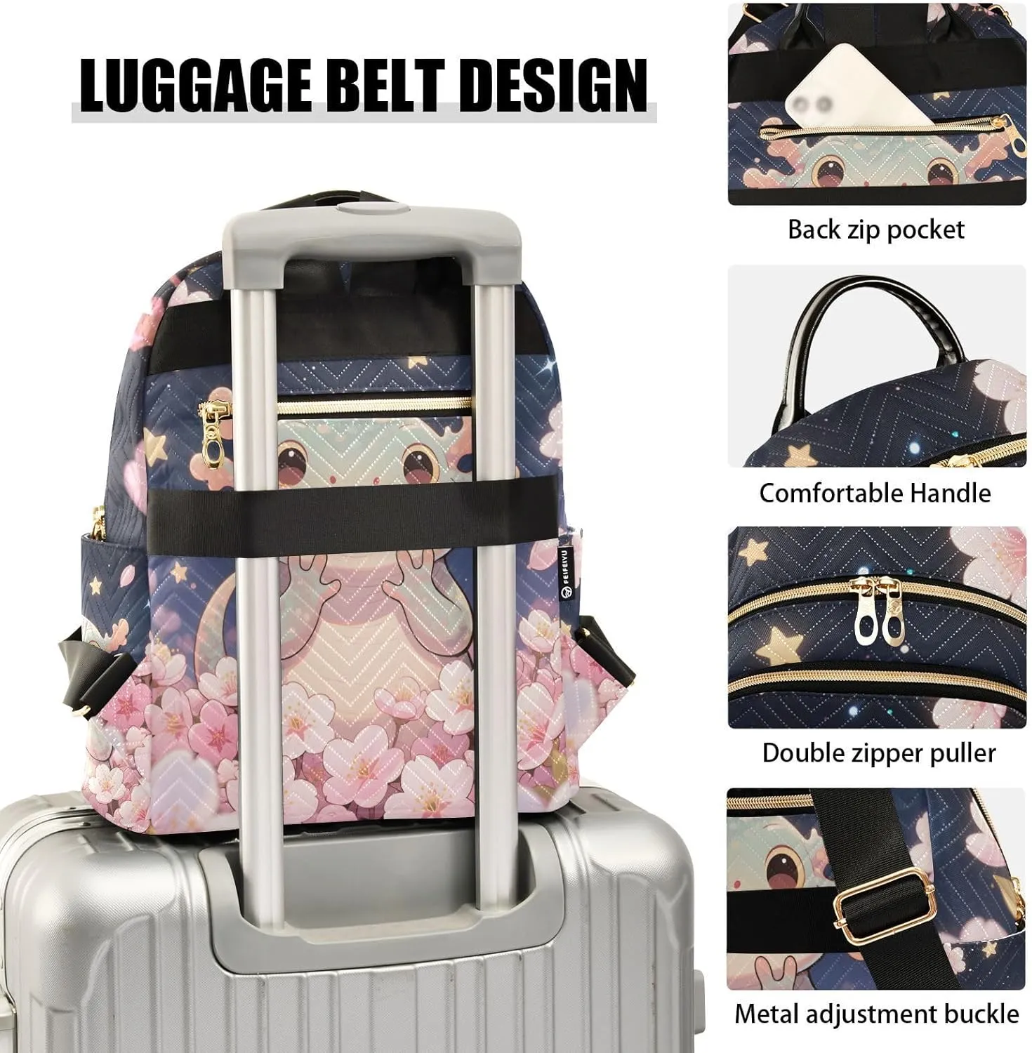 Cartoon Axolotl Cherry Blossom Mini Backpack Purse for Women Shoulder Bag Fashion Daypack Ladies Handbag Lightweight Travel Bag Rucksack
