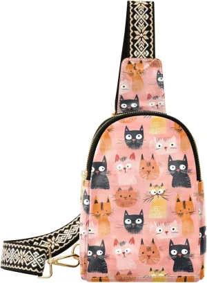 Cartoon Cat Full-Print Leather Fashion Waist Pack Small Crossbody Bag with Card Slots & Adjustable Strap for Biking Shopping Hiking Running & Casual Outings