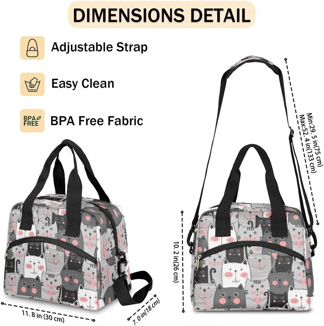 Cartoon Cat Insulated Lunch Bag for Women Men Reusable Lunch Box Cooler Bag Large Leakproof Lunch Tote with Adjustable Shoulder Strap for Adult Work Picnic Camping Beach Office