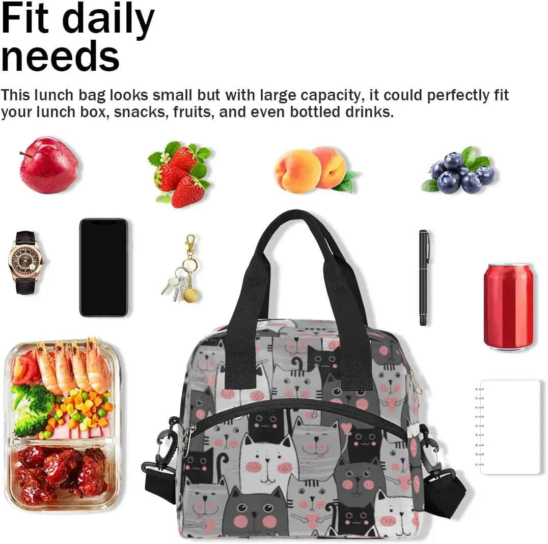 Cartoon Cat Insulated Lunch Bag for Women Men Reusable Lunch Box Cooler Bag Large Leakproof Lunch Tote with Adjustable Shoulder Strap for Adult Work Picnic Camping Beach Office