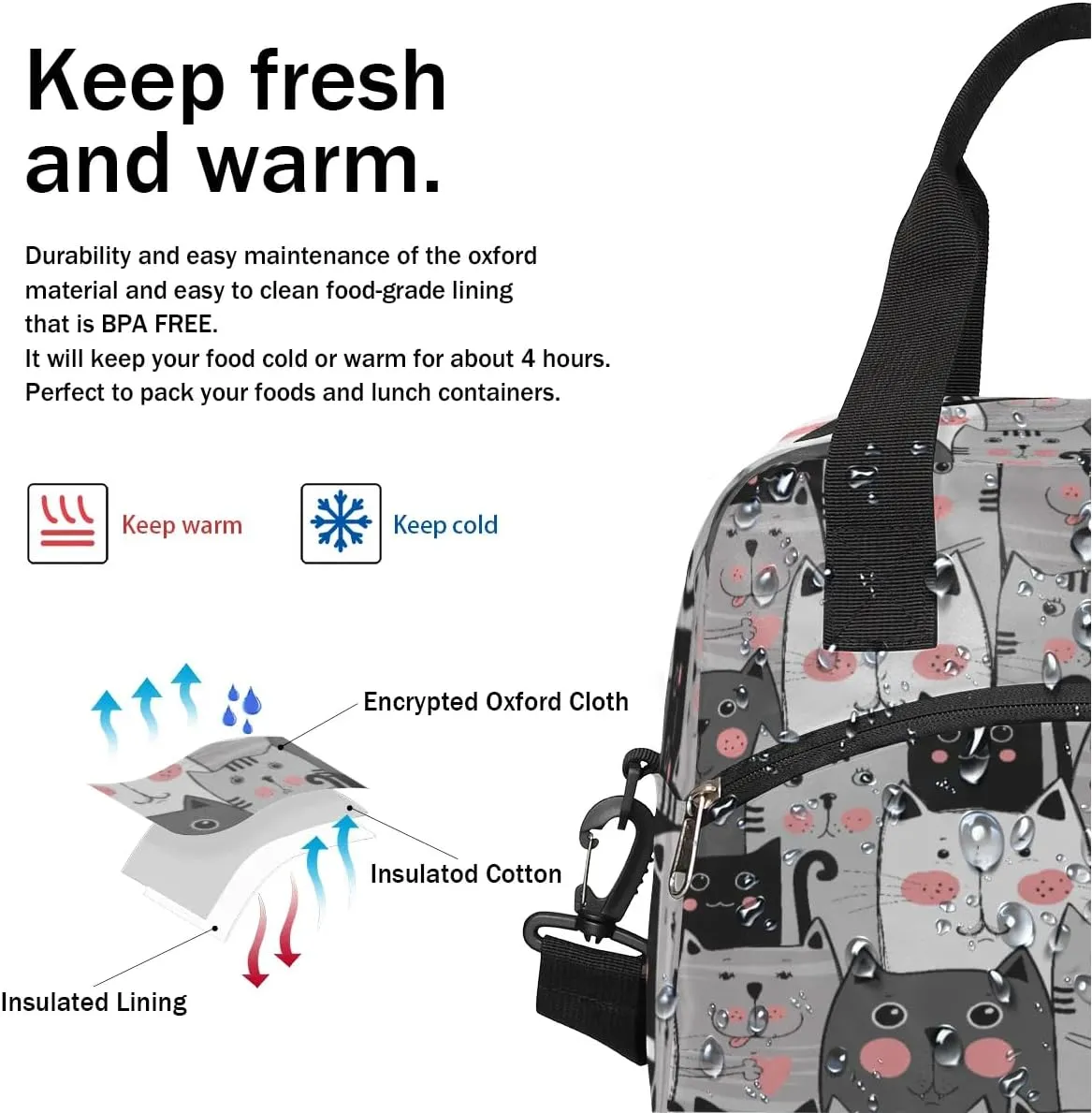 Cartoon Cat Insulated Lunch Bag for Women Men Reusable Lunch Box Cooler Bag Large Leakproof Lunch Tote with Adjustable Shoulder Strap for Adult Work Picnic Camping Beach Office