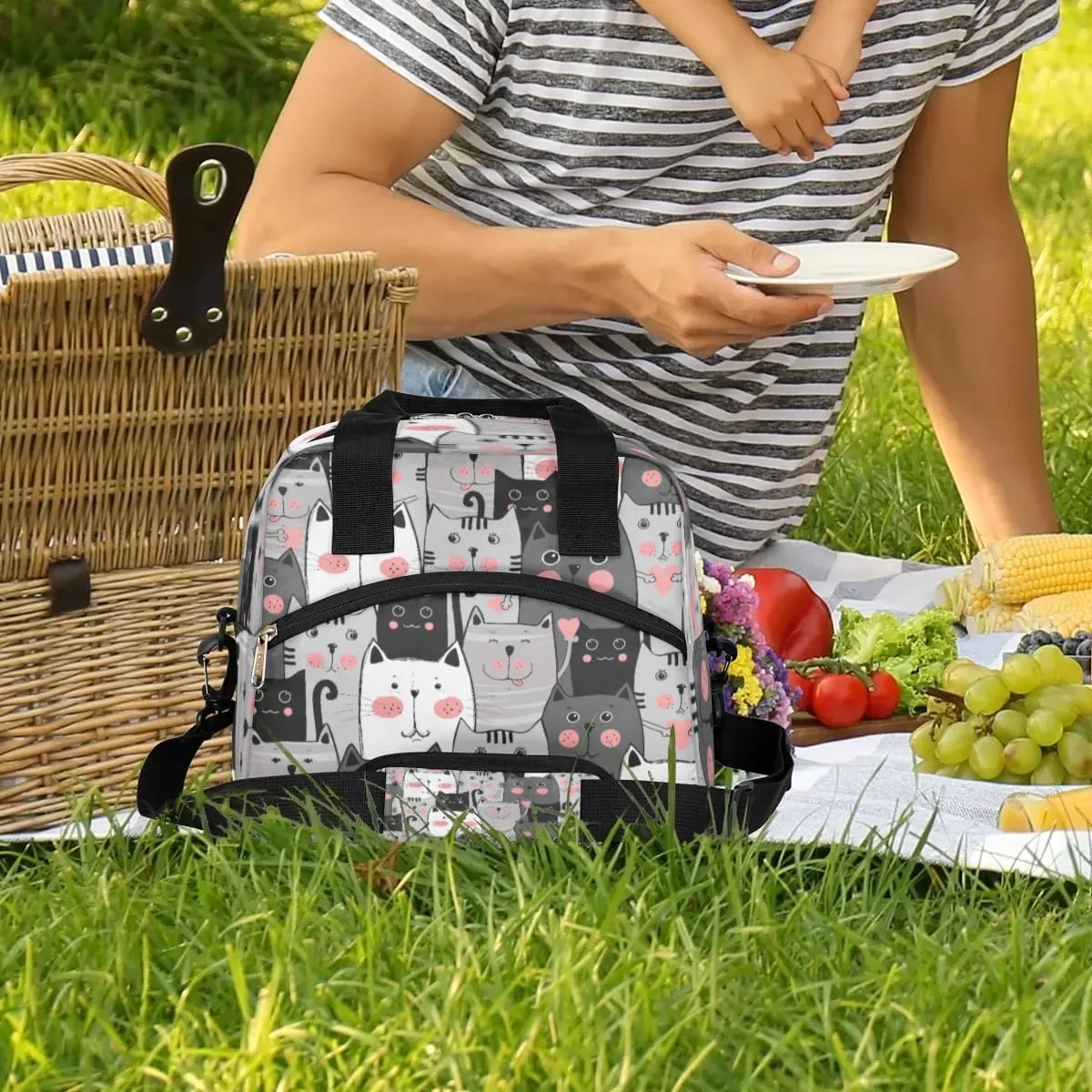 Cartoon Cat Insulated Lunch Bag for Women Men Reusable Lunch Box Cooler Bag Large Leakproof Lunch Tote with Adjustable Shoulder Strap for Adult Work Picnic Camping Beach Office