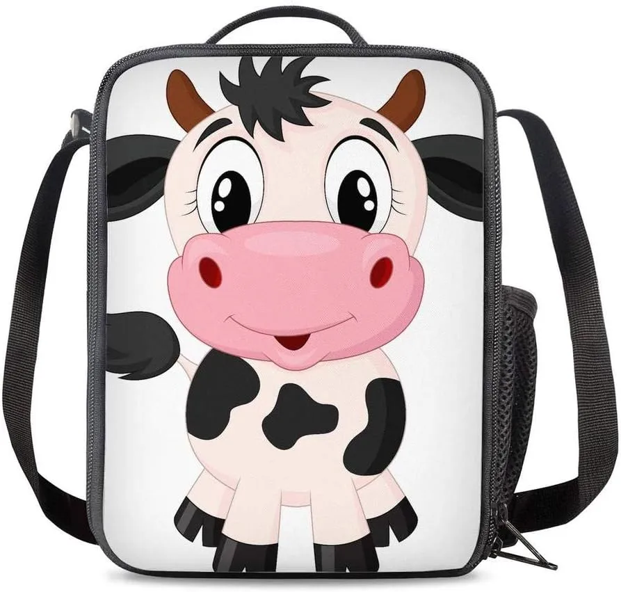 Cartoon Milk Cow Printed Lunch Bag For Boys Girls In School Picnic Insulated Durable Lunch Box Tote With Shoulder Strap