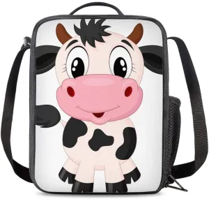 Cartoon Milk Cow Printed Lunch Bag For Boys Girls In School Picnic Insulated Durable Lunch Box Tote With Shoulder Strap