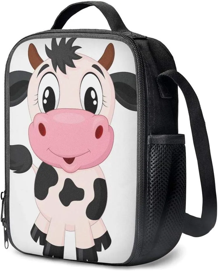 Cartoon Milk Cow Printed Lunch Bag For Boys Girls In School Picnic Insulated Durable Lunch Box Tote With Shoulder Strap
