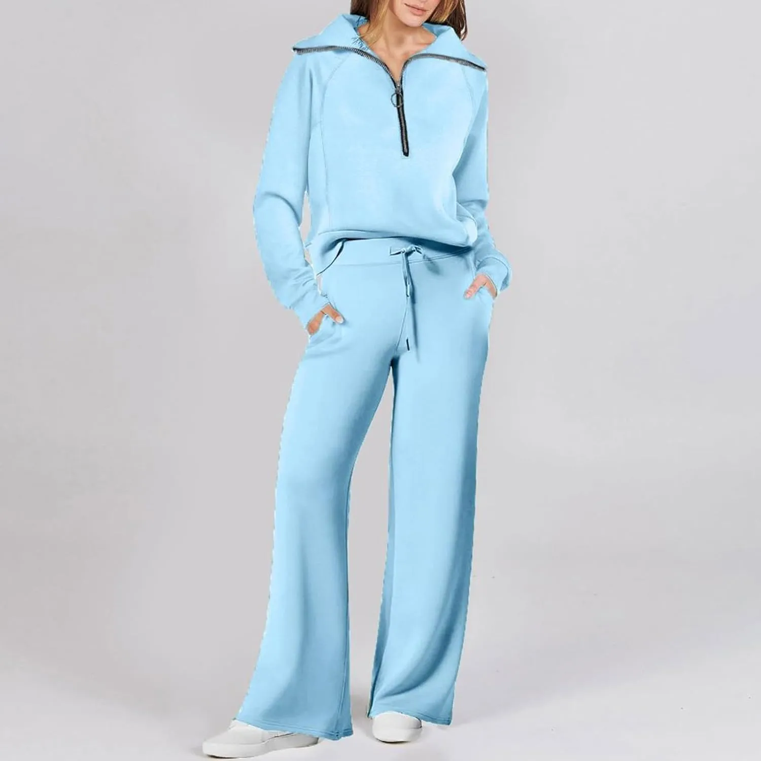 Casual 2 Piece Sportwears for Women Trendy Half Zip Sweatshirt Wide Leg Sweatpant Sets Casual Solid Color Tracksuits