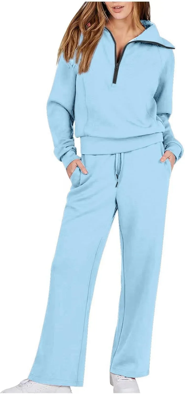 Casual 2 Piece Sportwears for Women Trendy Half Zip Sweatshirt Wide Leg Sweatpant Sets Casual Solid Color Tracksuits