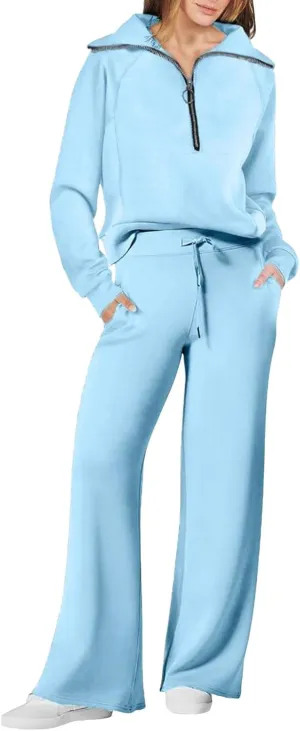 Casual 2 Piece Sportwears for Women Trendy Half Zip Sweatshirt Wide Leg Sweatpant Sets Casual Solid Color Tracksuits