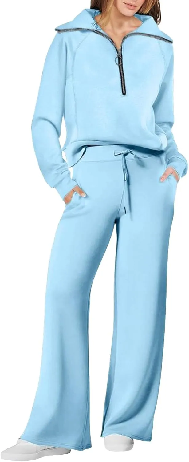 Casual 2 Piece Sportwears for Women Trendy Half Zip Sweatshirt Wide Leg Sweatpant Sets Casual Solid Color Tracksuits