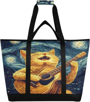 Cat Playing Guitar on A Starry Night Reusable Insulated Lunchbox Cooler Bag, Leakproof Kitchen Grocery Bag Collapsible Portable Cooler Tote Bag for Picnic, Camping, Office, Travel