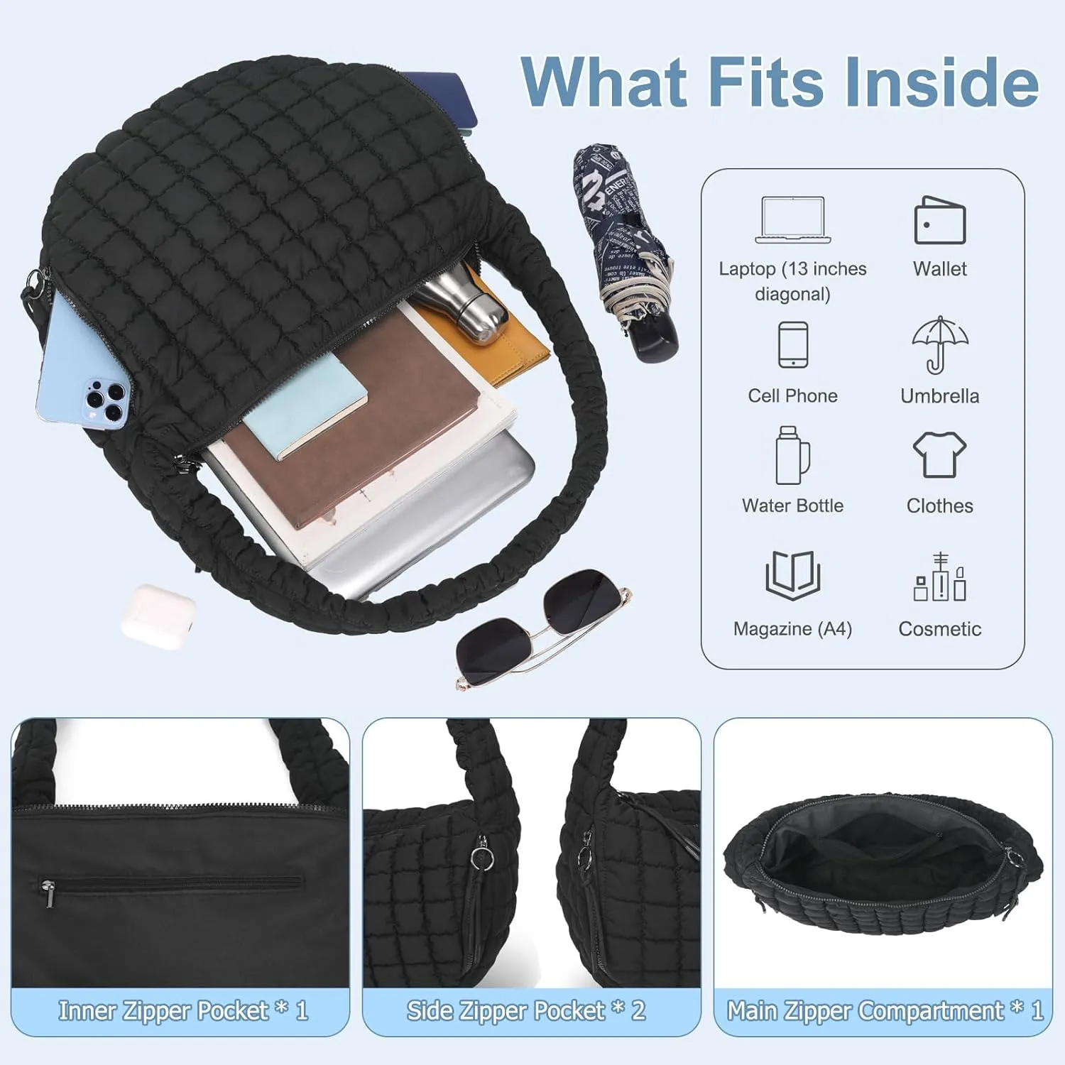 CATMICOO Puffer Tote Bag for Women: Carryall Puff Shoulder Bag for Travel - Lightweight Quilted Bag for Gym